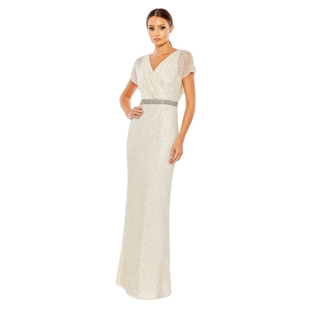 Mac Duggal NWT Beaded Butterfly Sleeve Column Gown in Nude Silver Sz 14